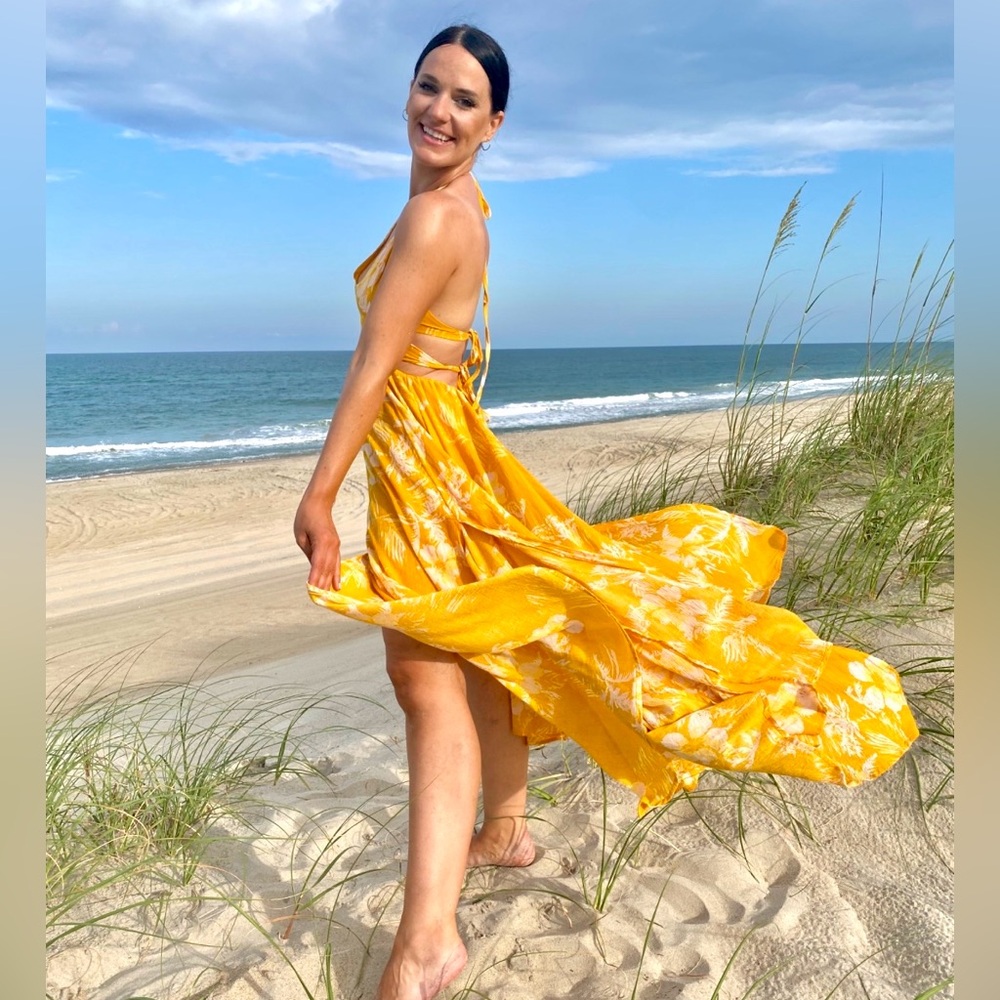 Free People Yellow Floral Backless Halter Maxi Dress